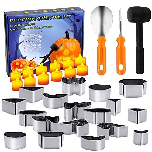 ButyHome 33 PCS Pumpkin Carving Kit, Stainless Steel Tools with Hammer DIY Stencils Pumpkin Carver Kit Carving Set for Halloween Decoration Safe for Kids Adults with 12 Candle Lights