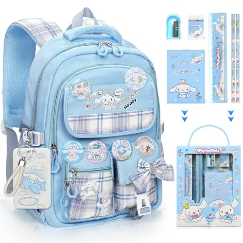 Ensccant Backpack for Girls with 14Pcs Accessories - Anime Schoolbag Cartoon Backpack Laptop Bookbags Anti-Theft Travel Aesthetic New Semester Gifts Bag with Pins,ID Badge Holder,Stationery - Blue