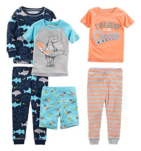 Simple Joys by Carter's Boys' 6-Piece Snug Fit Cotton Pajama Set, Dinosaur/Shark/Surfer/Stripe, 3T