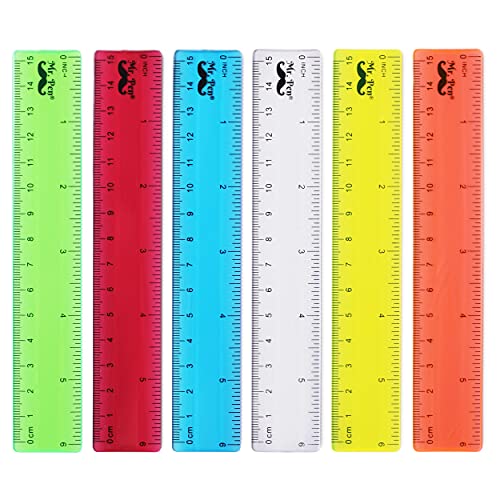 Mr. Pen-, 6 inch, 6 Pack, Assorted Colors. Clear, Rulers for School, with Inches and Centimeters for Kids, Plastic, Small