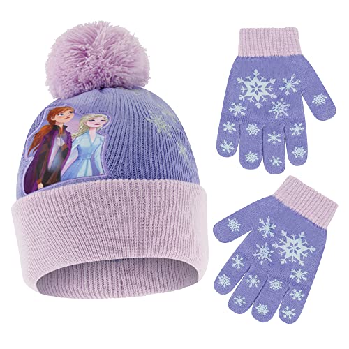 Disney Frozen Winter Hat and Kids Gloves Set, Elsa and Anna Beanie for Ages, Dark Purple, Little Girl Age 4-7