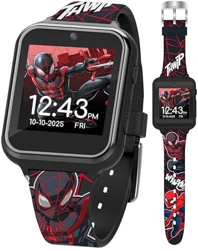 Accutime Kids Marvel Spider-Man Miles Morales Black Educational Touchscreen Smart Watch Toy for Boys, Girls, Toddlers - Selfie Cam, Learning Games, Alarm, Pedometer & More (Model: SPD4664AZ)