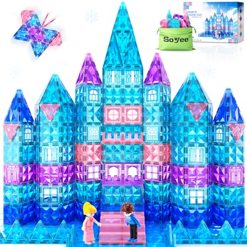 Frozen Toys for Girls Magnetic Tiles 102pcs with 2 Stairs 2 Dolls Princess Castle Building Toys Girls Toys Age 4-5 6-8 Magnetic Blocks Birthday Xmas Gifts for Girls Toys for 3 4 5 6 7 8+ Year Old