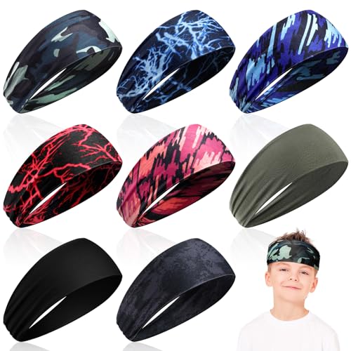 Zhanmai 8 Pieces Boys Headbands Athletic Sweatbands Kids Sports Wicking Headbands Breathable Headbands Elastic Sweat Headband Girls Boys for Football Basketball Running Exercise(Vigorous Style)