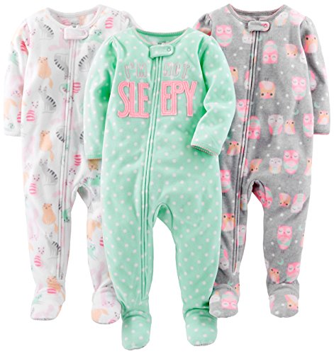 Simple Joys by Carter's Baby Girls' 3-Pack Loose Fit Flame Resistant Fleece Footed Pajamas, Cat/Dots/Owls, 18 Months