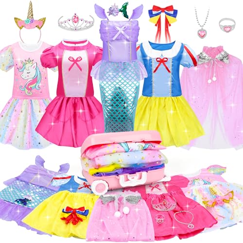 16 Pcs Princess Dress Up Clothes for Little Girl Role Play Costume Gift Set, Princess Mermaid Pretent Play Outfit Toys for Toddler Girls, Cosplay Birthday Party Gifts for Girls Age 3 4 5 6 7+ Year Old