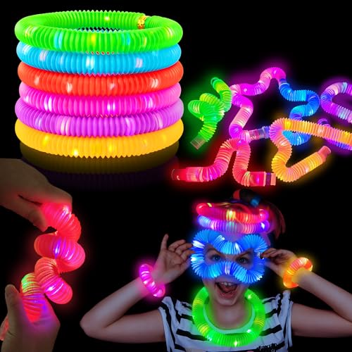 Kannove Light Up Pop Tubes for Kids 6 PCS, Halloween Glow Sticks Party Favors for Toddlers, Neon LED Bracelets Necklaces Accessories for Children, Travel Camp Camping Fun Toys Gifts for Boys Girls