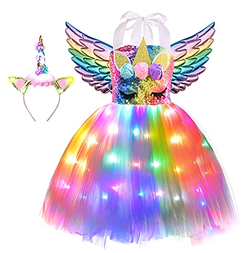 Viyorshop Girls Unicorn Costume LED Light Up Tutu Dress Up Birthday Gifts Princess Dress for Halloween Party(Rainbow Sequins, 5-6 Years)