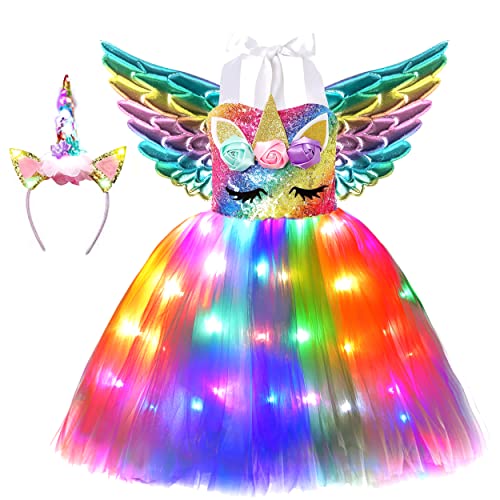 Soyoekbt Girls Unicorn Costume LED Light Up Unicorn Princess Dress Birthday Party Outfit Halloween Tutu Dress with Headband Rainbow Sequin+Rainbow Led 5-6Years