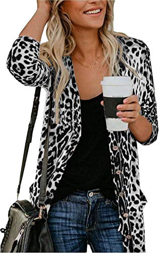 Ladies Cardigans Shirt Fashion Leopard Print Open Front Shirt Cardigans Lightweight Coat w Pockets White M