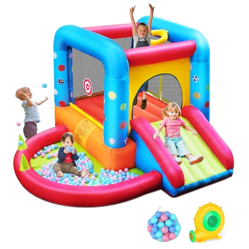 Step4Fun Inflatable Bounce House, Kids Castle Slide Bouncer for Children Jumping Outdoor and Indoor Party, Baby Backyard Water Jumper Toy with Blower, Ball Pit Pool, Ideal Gifts（112 x 98 x 65”）