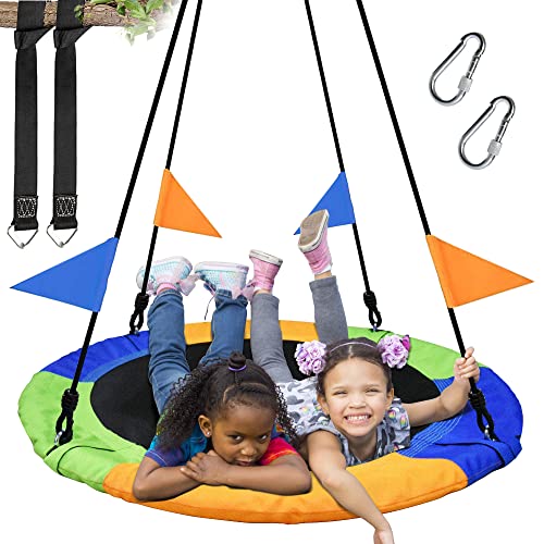 PACEARTH 40 Inch Saucer Tree Swing Flying 900lb Weight Capacity 2 Added Hanging Straps Adjustable Multi-Strand Ropes Colorful Safe and Durable Swing Seat for Children