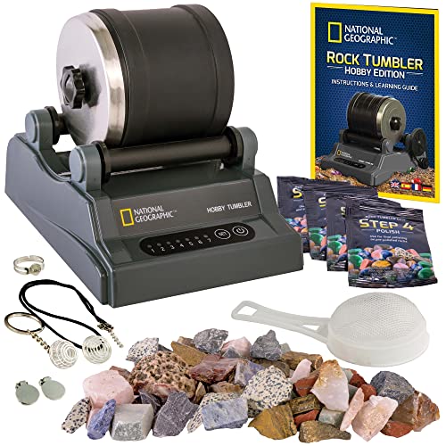 National Geographic Rock Tumbler Kit – Hobby Edition Includes Rough Gemstones, and 4 Polishing Grits, Great STEM Science Kit for Geology Enthusiasts, Rock Polisher for Kids and Adults