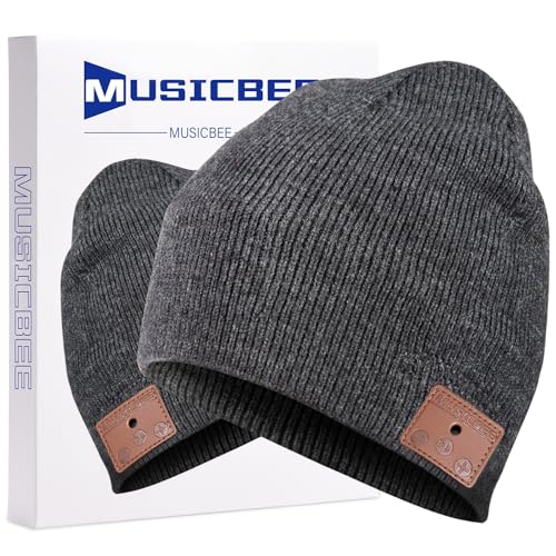 beanie MUSICBEE Bluetooth V5.2 Wireless Knit Winter Cap, 24 Hour Play time, Built-in Microphone and HD Stereo Speakers, Wool Lined for Outdoor Homes and Gifts - Neutral (Charcoal)