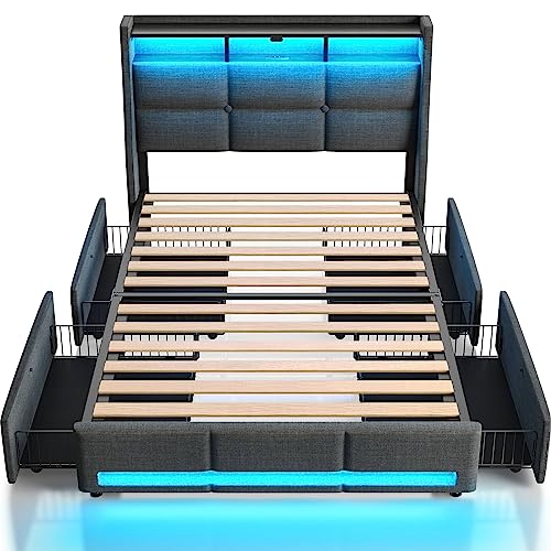 Rolanstar Twin Size Bed Frame with LED Lights and Charging Station, Upholstered Bed Storage Headboard & Drawers, Heavy Duty Wood Slats, Easy Assembly