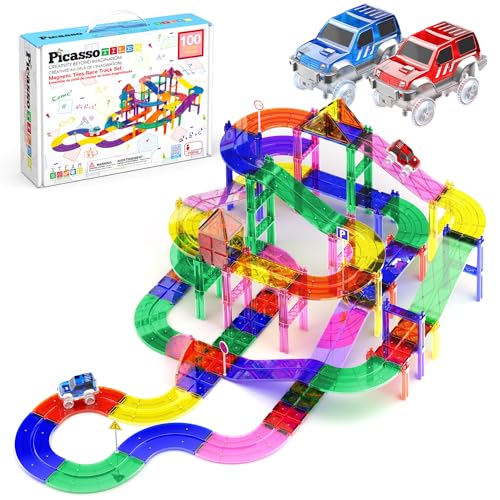 PicassoTiles 100 PCs Race Car Track Set Magnetic Toy Building Block with 2 LED Cars with Height Adjustable Roads Signs Education STEM Building Kit Learning Construction Fun for Boys & Girls Ages 3+