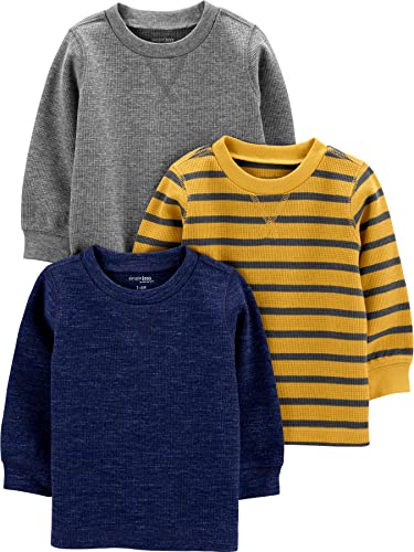 Simple Joys by Carter's Boys' 3-Pack Thermal Long Sleeve Shirts, Grey/Navy Heather/Yellow Stripe, 5T