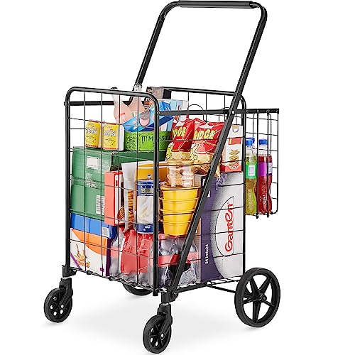 VEVOR Folding Shopping Cart, Jumbo Grocery Cart with Double Baskets, 360° Swivel Wheels, Heavy Duty Utility Cart, 110 LBS Large Capacity Utility Cart for Laundry, Shopping, Grocery, Luggage