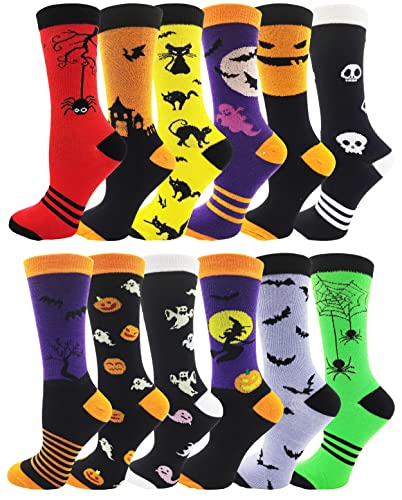 Halloween Socks for Women Girls, 12 Pairs Bats Pumpkins Ghosts Print, Colorful Pattern Novelty Cute