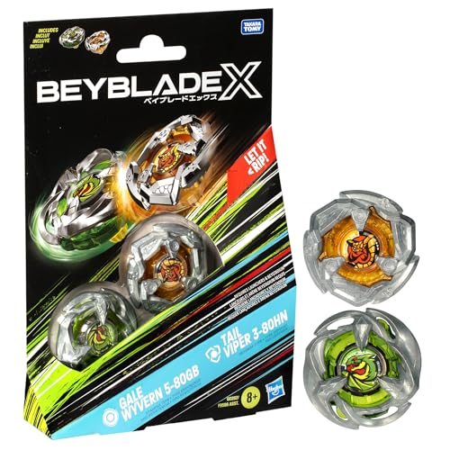 Beyblade X Gale Wyvern 5-80GB and Tail Viper 3-80HN Dual Pack Set with 2 Right-Spinning Tops; Battling Top Toys for 8 Year Old Boys and Girls