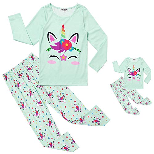 Jxstar Matching Girls&Dolls Pj Set Unicorn Pajamas Fall Winter Cotton Sleepwear 6t 7t