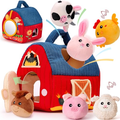 hahaland Baby Toys 6-12 Months - Surprise Barn with Stuffed Farm Animals, Rattle, Crinkle Paper, Mirror - Busy Montessori Toys for Babies, Sensory Toys for Toddlers 1-3 - Baby Stocking Stuffers Gifts