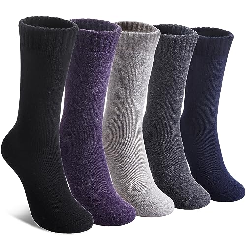 LINEMIN Wool Socks for Women Winter Warm Hiking Thick Warm Cozy Boot Crew Gift Socks 5 Pairs (Purple/Blue/Black/Dark Gray/Light Gray)