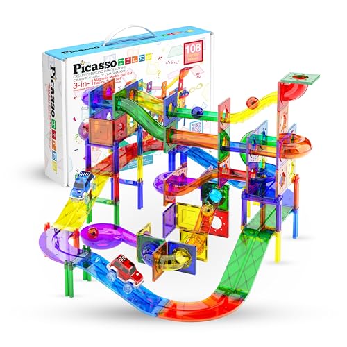 PicassoTiles 108pc 3-in-1 Marble Run Car Race Track Combo Magnetic Tiles PicassoToys Magnet Building Block Educational Construction Toy Playset STEM STEAM Learning Kit Child Brain Development PTG108