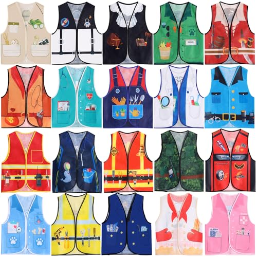 20 PCS Kids Community Helper Dress Up Vest Career Costumes Role Play Career Cosplay Clothes Pretend and Play Costume for Kids Dress up Doctor Police Fireman Car Racer Cowboy Farmers Worker Pirate