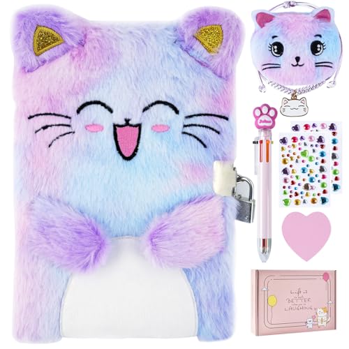 PJDRLLC Cat Diary with Lock, Gift for 6 7 8 Year Old Girl, Secret Diary Journal Notebook with Coin Purse, Multicolored Pen, Post-it Note, Stickers, Practical Gift for Birthday (A Happy Cat)