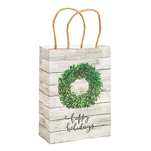 Fun Express - Christmas Shiplap Craft Bag for Christmas - Party Supplies - Bags - Paper Gift W & Handles - Christmas - 12 Pieces