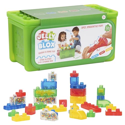 Jelly Blox Stash 'N Stack 2-in-1 Storage Case Including 30 Blocks | Toddler & Preschool Building Blocks Kids Can Squeeze & Stretch | Safety Tested & Ouch-Free | Tactile, Sensory Play Toy for Ages 2+