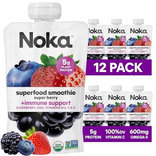 Noka Superfood Fruit Smoothie Pouches, Super Berry with Immune Support, Healthy Snacks with Elderberry, Flax Seed, Plant Protein, and Prebiotic Fiber, Gluten Free and Vegan, 4.22 oz, 12 Count