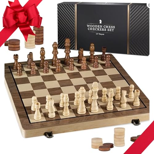 PlayVibe Wooden Chess Set 15'' - Checkers & Chess Board Game with 2 Extra Queens - Handmade Chess Sets for All Ages - Family, Travel Board Games