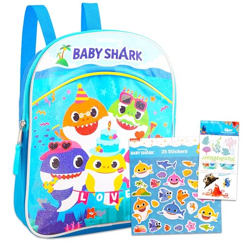 Baby Shark Mini Backpack for Boys Girls Toddler Preschool ~ Deluxe 11' Baby Shark School Bag with Coloring Pack and Stickers (Baby Shark School Supplies Bundle)