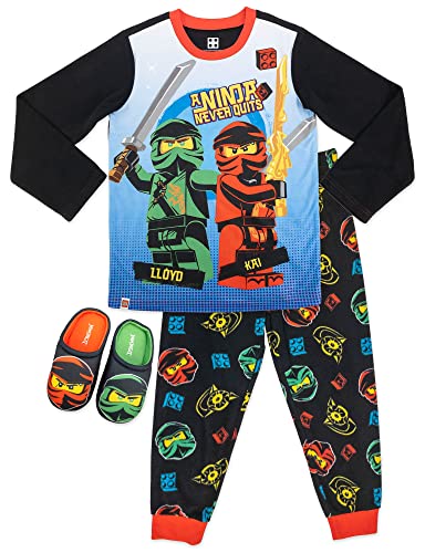 LEGO Ninjago Boys Pajama Set, Kai & Lloyd with Matching Cozeez Slippers, Black, Size 6/7