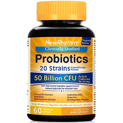 NewRhythm Probiotics 50 Billion CFU 20 Strains, 60 Veggie Capsules, Targeted Release Technology, Stomach Acid Resistant, No Need for Refrigeration, Non-GMO, Gluten Free