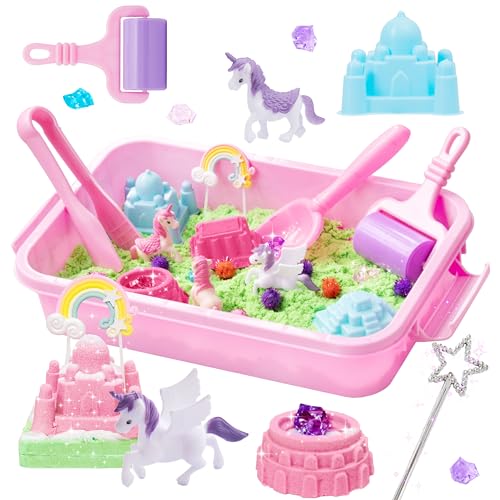 Carolart Unicorn Sensory bin, Unicorn Toy for Kids,Castle Moulds, Sensory Sand,Sand Art kit for Boys and Girl, Squishy Sand for Toddlers 3+………