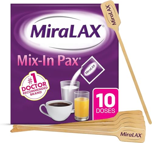 MiraLAX Gentle Constipation Relief Laxative Powder, Stool Softener with PEG 3350, No Harsh Side Effects, Single Dose Mix-In Pax with Mixing Stirrers, Travel Pack, 10 Dose