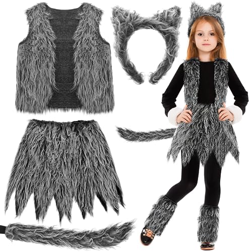 Newcotte 7 Pcs Halloween Werewolf Accessories Wolf Costume Wolf Ear and Tail Costume for Cosplay Party Costumes Supplies (140-152cm)