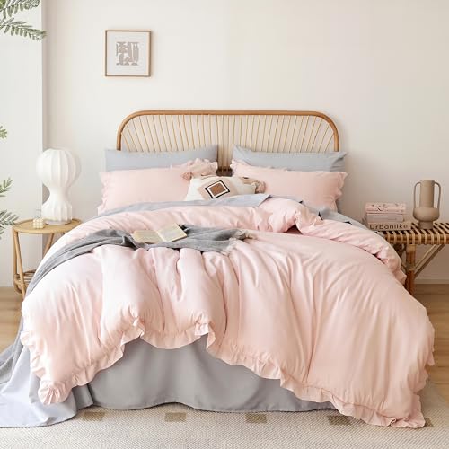 JANZAA Pink Comforter Set Queen Comforter Set 3PCS (1 Ruffled Blush Comforter and 2 Pillowcases) Vintage Shabby Chic Bedding Soft Fluffy Comforter Set All Season