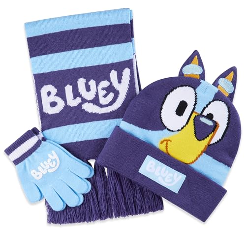 Bluey Girls Winter Hat Glove Scarf Set, Winter Accessories Set - Gift for Girls (Blue)