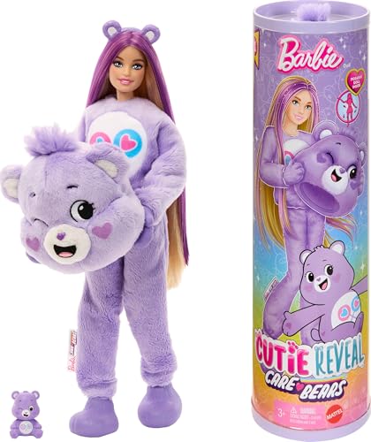 Barbie Cutie Reveal Doll & Accessories, Care Bears Series, Fashion Doll with Share Bear Plush Costume & 10 Surprises Including Color Change & Mini Bear