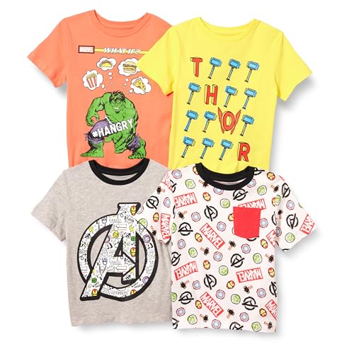 Amazon Essentials Disney | Marvel | Star Wars Toddler Boys' Short-Sleeve T-Shirts (Previously Spotted Zebra), Pack of 4, Avengers Logo/Marvel Power, 2T