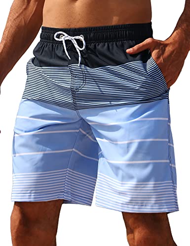 ELETOP Men's Swim Trunks Quick Dry Board Shorts Beach Swimming Trunks Holiday Bathing Suits Stripe Blue TK117 M