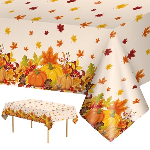 2 Pcs Thanksgiving Tablecloth Plastic - Disposable Fall Table Cloths, Autumn Rectangle Pumpkin Maple Leaf Table Cover for Happy Thanksgiving Day Table Decorations Party Supplies Favors, 54x108 Inch