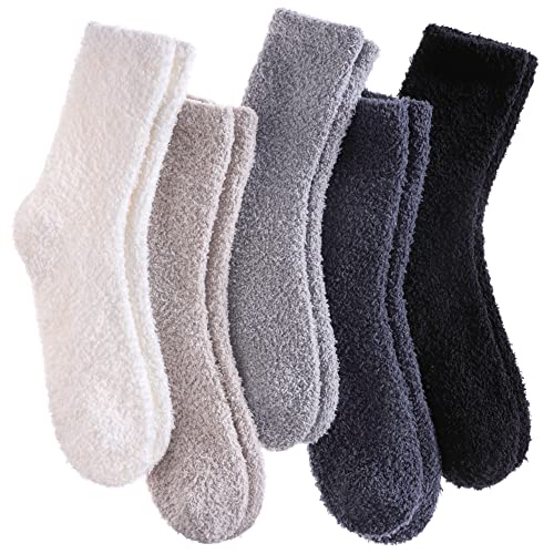 CHOWISH Womens Fuzzy Slipper Socks Super Soft Microfiber Fluffy Cozy Winter Warm Fuzzy Crew Socks (5 Pairs Solid Color-B