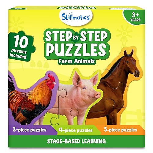 Skillmatics Step by Step Puzzle - 40 Piece Farm Animal Jigsaw & Toddler Puzzles, Stocking Stuffers, Educational Montessori Toy for Boys & Girls, Gifts for Kids Ages 3, 4, 5 and Up