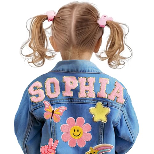 Individz Personalized Kids Denim Jacket with Names, Custom Long Sleeve Denim Jacket for Girls, Spring & Fall Jackets, Custom Girls Jean Jackets Clothes, 1-8 Year Old Girl Boy Birthday Christmas Gifts