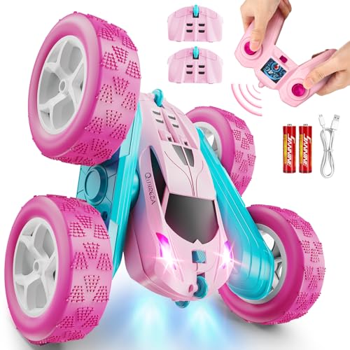 QUNREDA RC Cars, Pink Remote Control Car for Girls, 2.4 GHZ Double Sided RC Stunt Car 360° Rotating Remote Control Crawler with Headlights Car Toys for 6 7 8 9 10 11 12 Girls Birthday